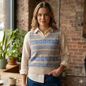 J Crew Fair Isle Sweater Vest S Blue Wool Blend Knit Preppy Nordic Grandpa Knit